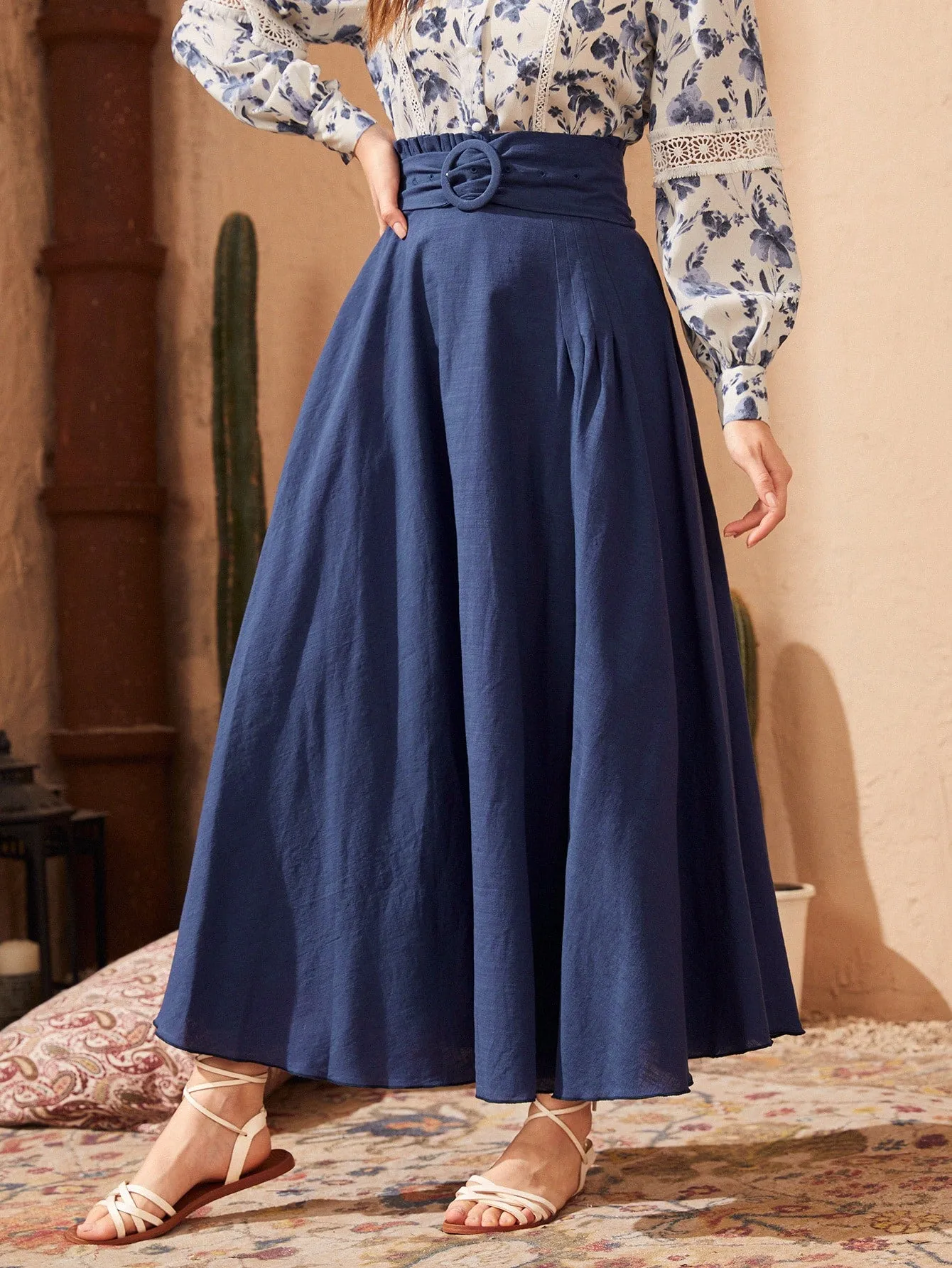 Elegant Plain Paper Bag Waist High Waist Maxi Women Skirt