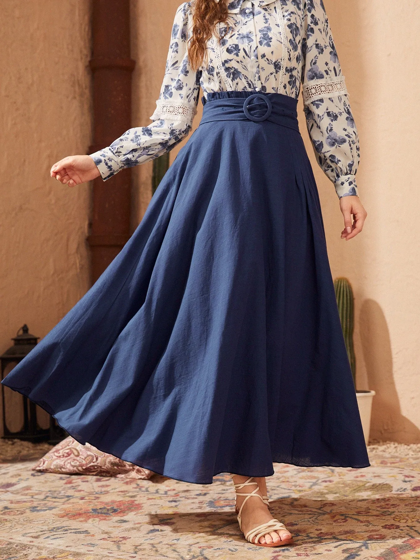 Elegant Plain Paper Bag Waist High Waist Maxi Women Skirt