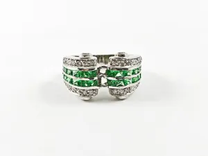 Elegant Unique Scroll Design Green Color CZ Silver Ring