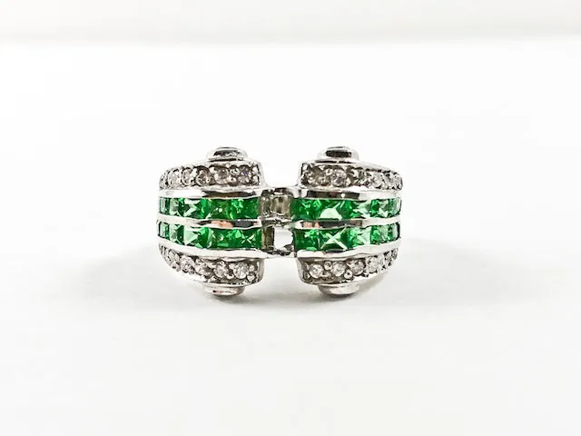 Elegant Unique Scroll Design Green Color CZ Silver Ring