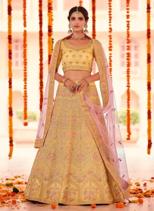 Elegant Yellow Color Organza Fabric Gota And Stone Work Lehenga