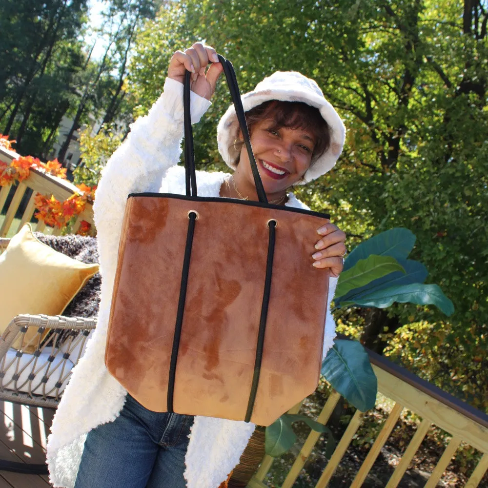 Expandable Neoprene Brown Velvet Tote & Wristlet Set