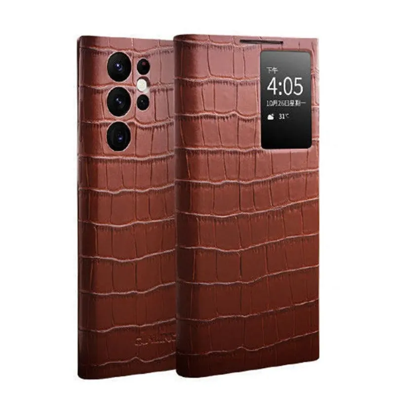 Genuine Leather S View Crocodile Texture Window Display Smart Flip Case For Samsung Galaxy S22