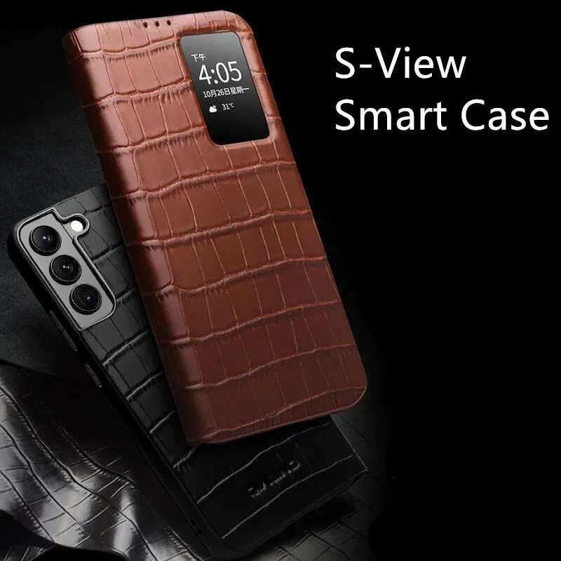 Genuine Leather S View Crocodile Texture Window Display Smart Flip Case For Samsung Galaxy S22