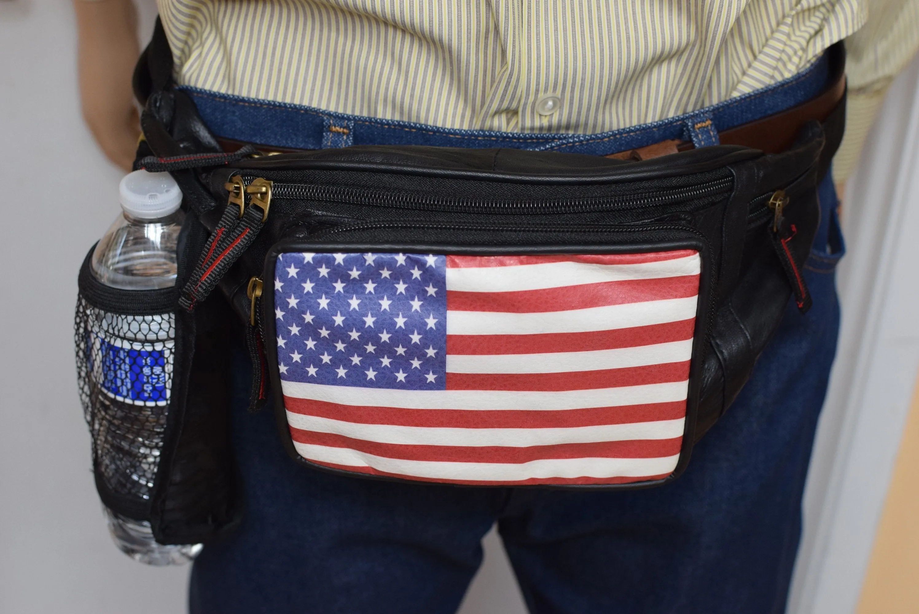 Genuine Leather USA Flag Fanny Pack with Bottle Holder, America Stars & Stripes Waist Bag 050USA