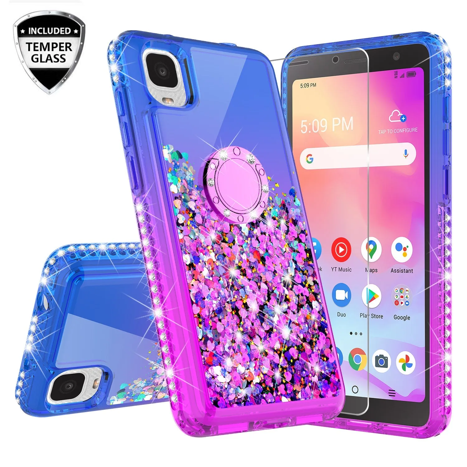 Glitter Phone Case Kickstand Compatible for TCL Ion Z/A3/A30 Case, TCL Ion Z/A3/A30 Case,Ring Stand Liquid Floating Quicksand Bling Sparkle Protective Girls Women for TCL Ion Z/A3/A30W/Temper Glass - (Blue/Purple Gradient)