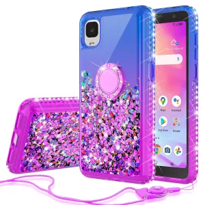 Glitter Phone Case Kickstand Compatible for TCL Ion Z/A3/A30 Case, TCL Ion Z/A3/A30 Case,Ring Stand Liquid Floating Quicksand Bling Sparkle Protective Girls Women for TCL Ion Z/A3/A30W/Temper Glass - (Blue/Purple Gradient)