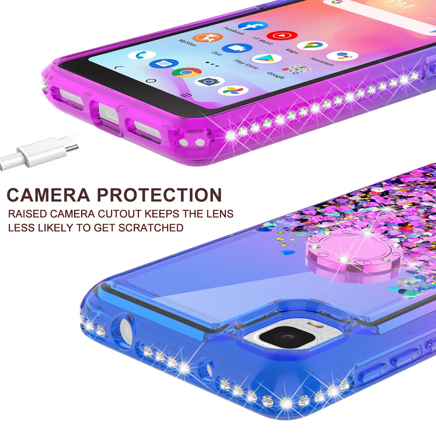 Glitter Phone Case Kickstand Compatible for TCL Ion Z/A3/A30 Case, TCL Ion Z/A3/A30 Case,Ring Stand Liquid Floating Quicksand Bling Sparkle Protective Girls Women for TCL Ion Z/A3/A30W/Temper Glass - (Blue/Purple Gradient)