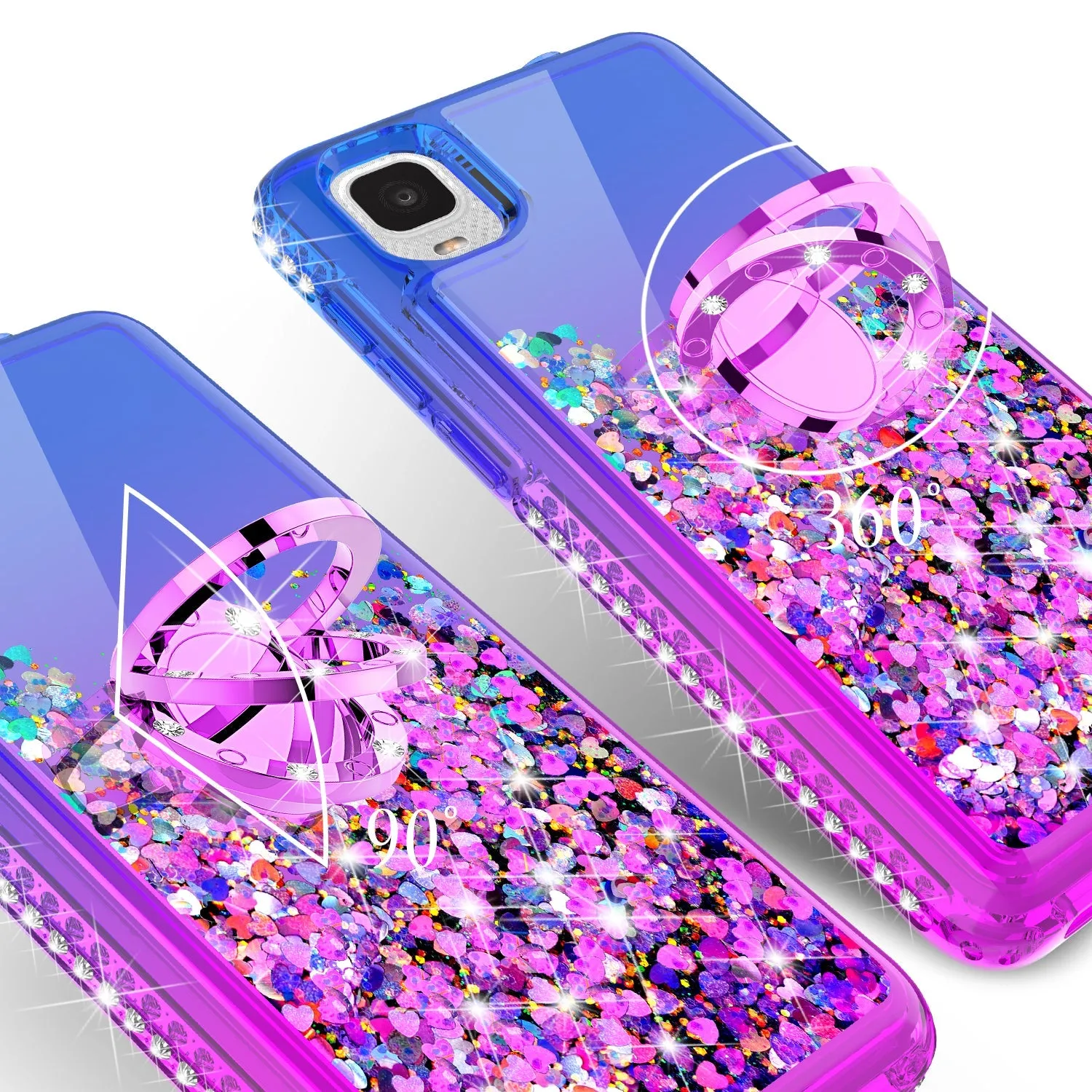 Glitter Phone Case Kickstand Compatible for TCL Ion Z/A3/A30 Case, TCL Ion Z/A3/A30 Case,Ring Stand Liquid Floating Quicksand Bling Sparkle Protective Girls Women for TCL Ion Z/A3/A30W/Temper Glass - (Blue/Purple Gradient)