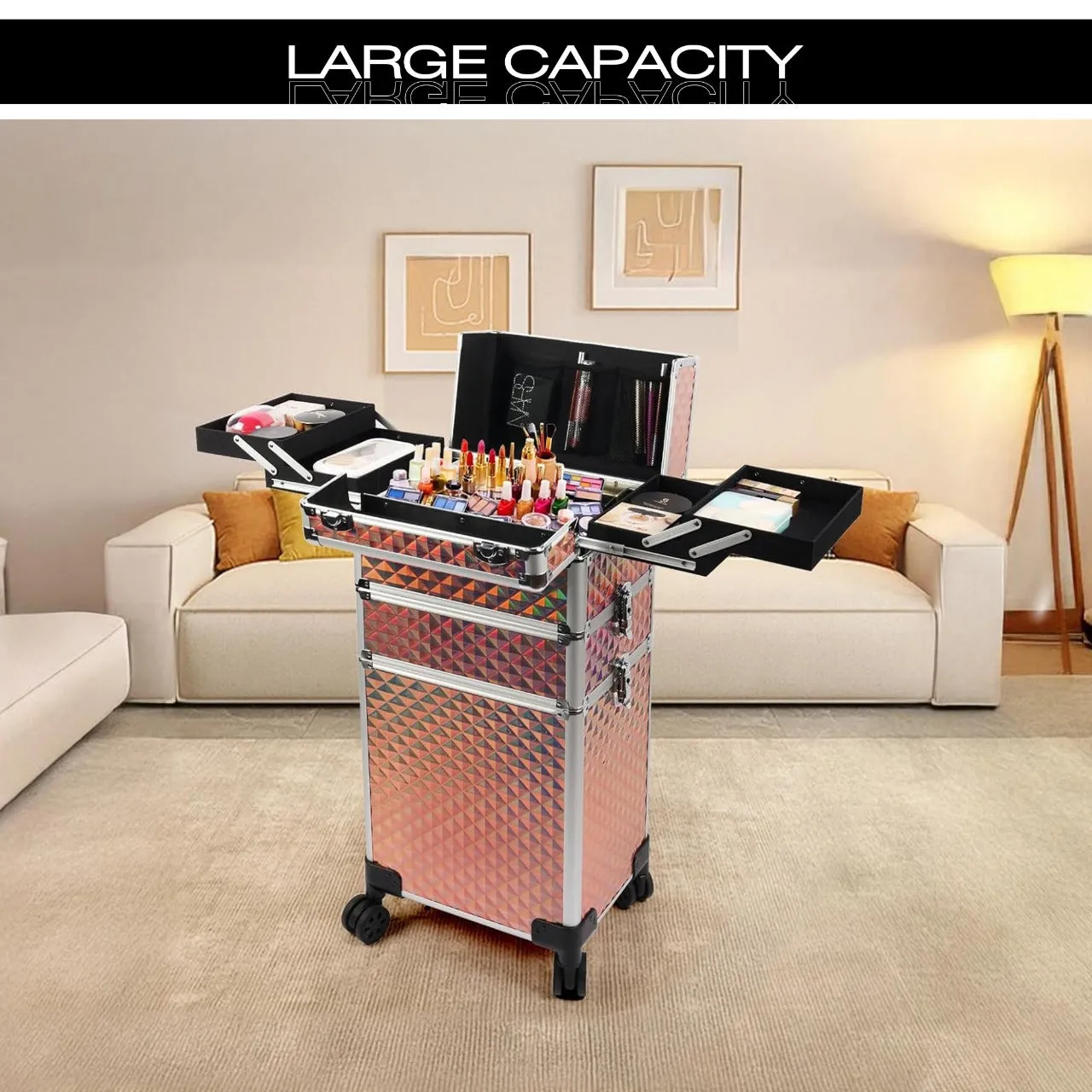 Gold Makeup Beauty Train Case Trolley 3 in 1 Adjustable