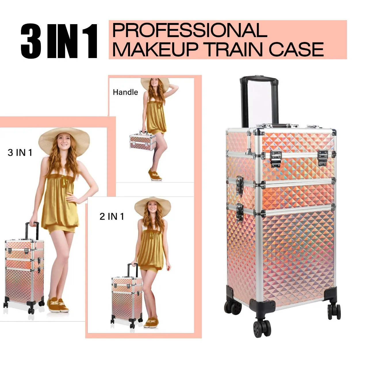 Gold Makeup Beauty Train Case Trolley 3 in 1 Adjustable