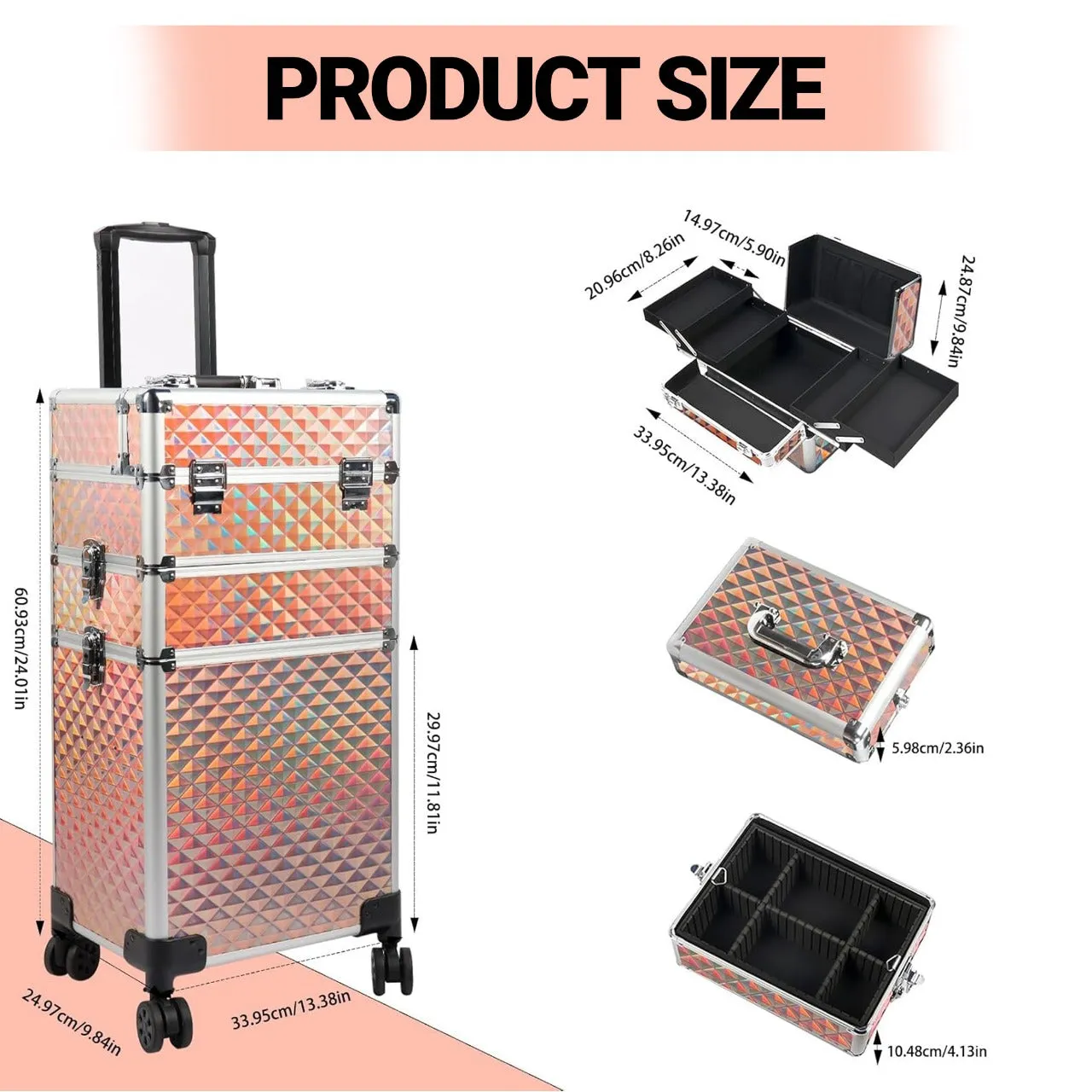 Gold Makeup Beauty Train Case Trolley 3 in 1 Adjustable