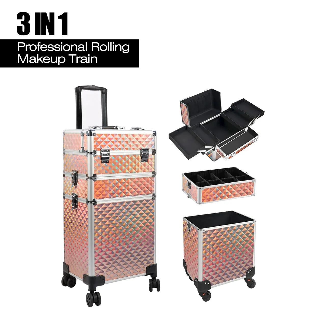 Gold Makeup Beauty Train Case Trolley 3 in 1 Adjustable