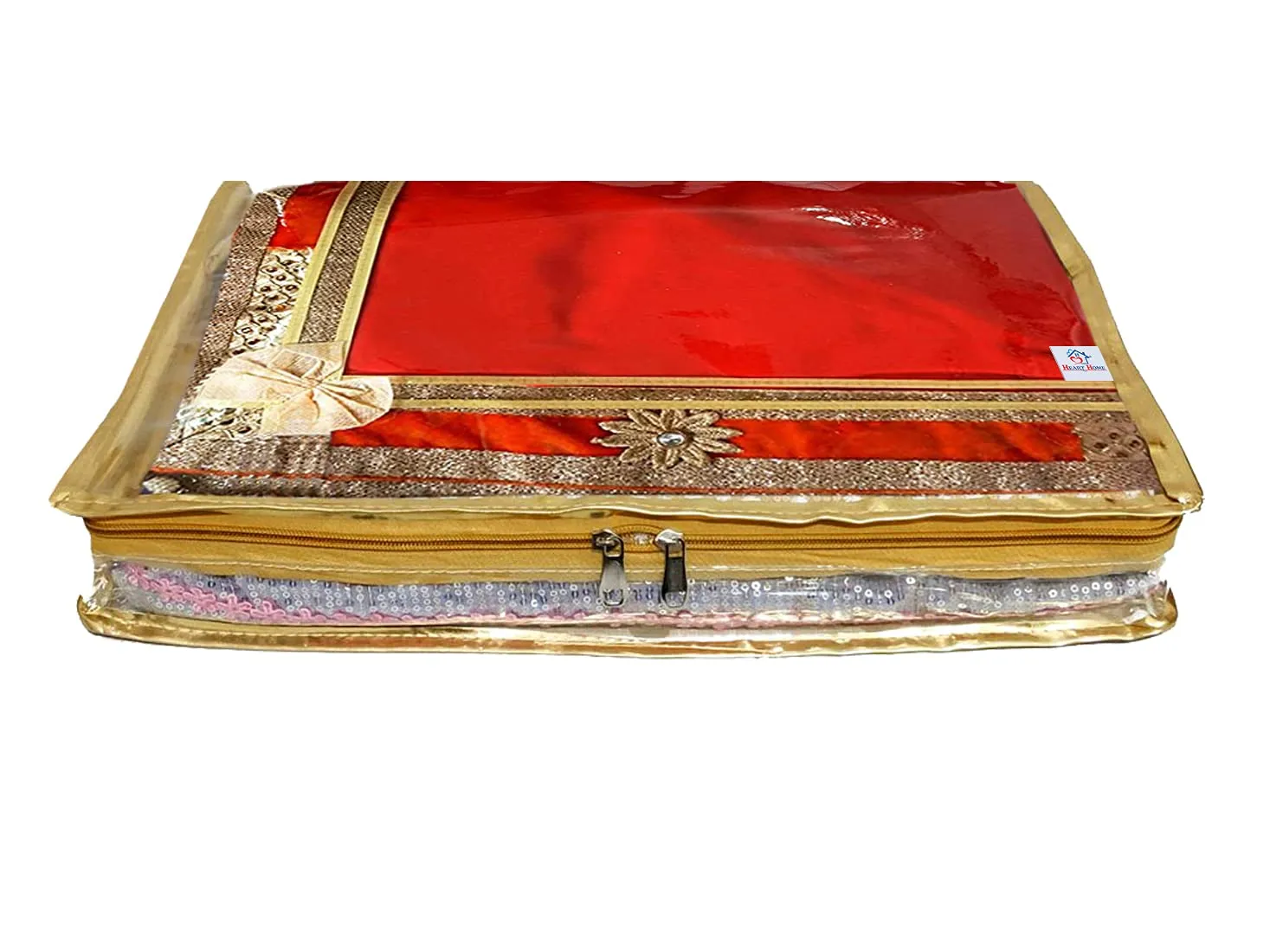 Heart Home Bow Design 3" inch Tranasparent PVC Foldable, Waterproof Saree Cover, Saree Organizer With Golden Border- Pack of 6 (Gold)-HS_38_HEARTH21555