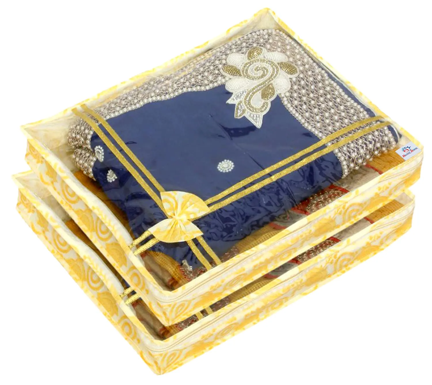 Heart Home Carry Design 3" inch Transparent Non-Woven Foldable, Waterproof Single Saree Cover, Saree Organizer - Pack of 2 (Gold)-HS_38_HEARTH21581 | Stylish and Protective Saree Cover Set