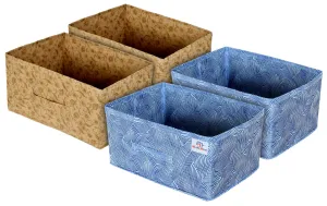 Heart Home Laheriya Metalic Print Non Woven Fabric Modular Closet Organizer Box with Handle Set Of 4(Blue & Beige)-HHEART16003