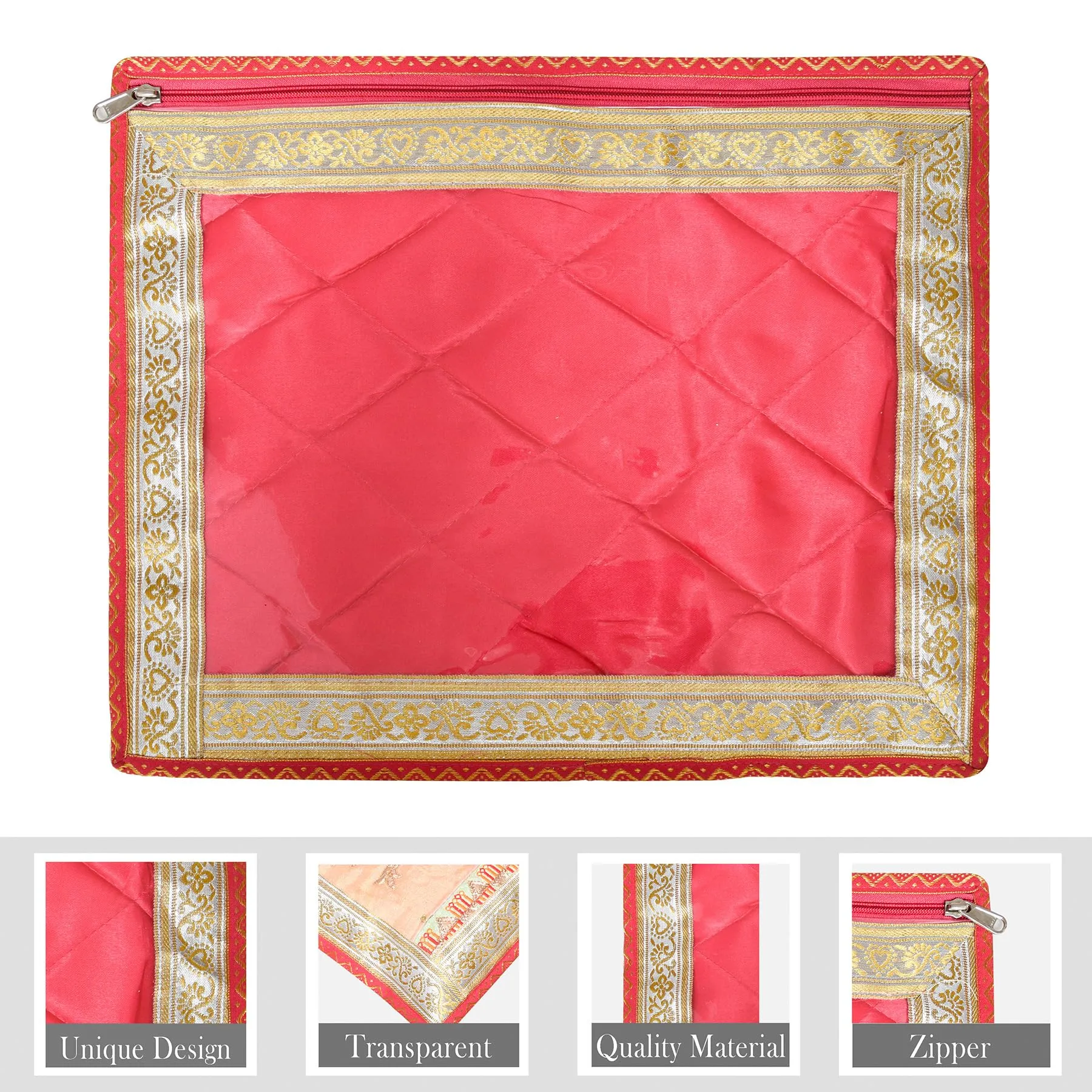 Heart Home Saree Cover | Clothes Storage Bag | Single Packing Saree with Zip Closure | Wardrobe Organizer | Cloth Stoarge Organizer | 4 Side Lace Saree Cover | Pack of 3 | Pink