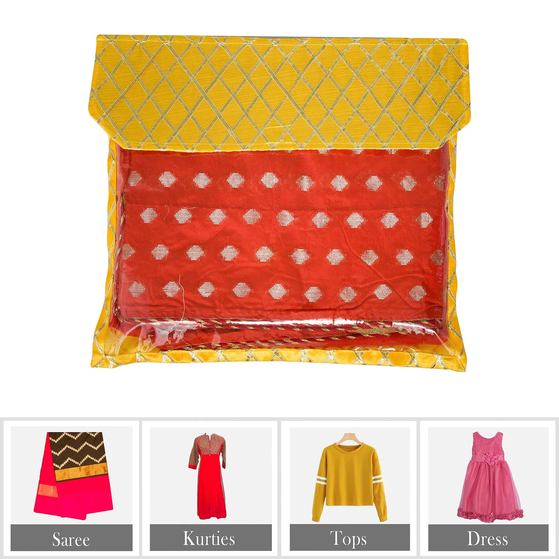 Heart Home Saree Cover | Clothes Storage Bag | Single Packing Saree with Zip Closure | Wardrobe Organizer | Cloth Stoarge Organizer | Check Jama-Design | Pack of 6 | Yellow