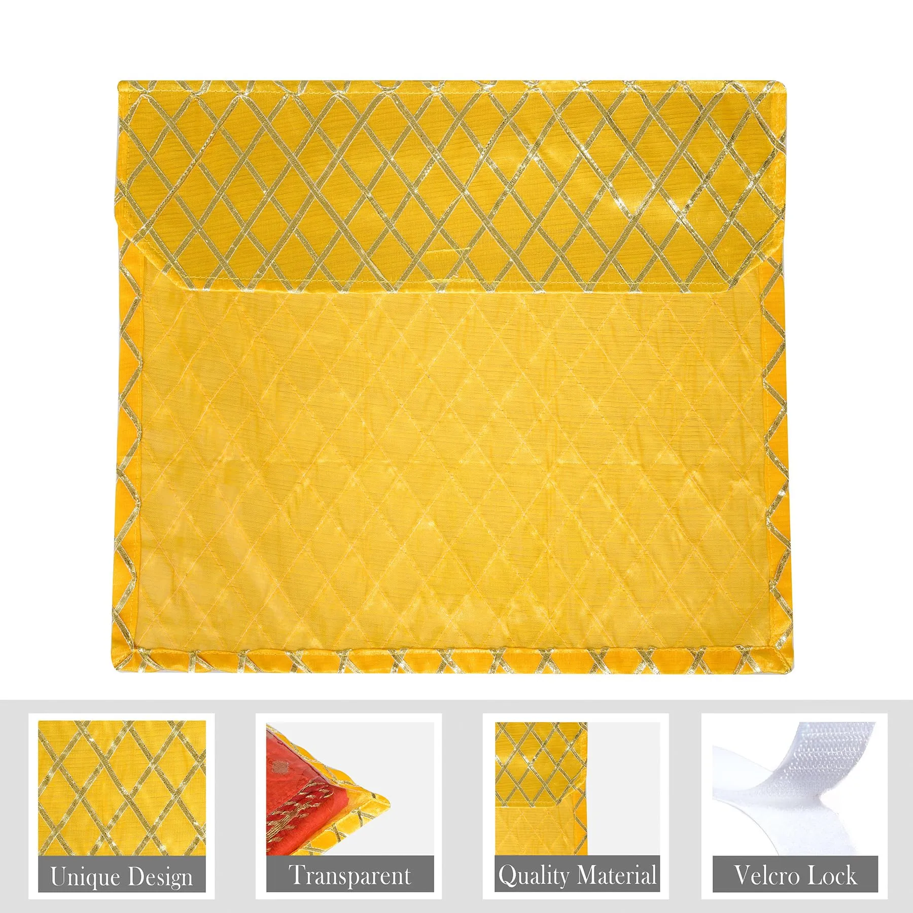 Heart Home Saree Cover | Clothes Storage Bag | Single Packing Saree with Zip Closure | Wardrobe Organizer | Cloth Stoarge Organizer | Check Jama-Design | Pack of 6 | Yellow