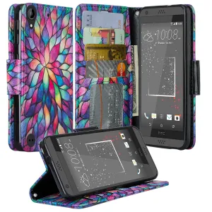 HTC Desire 530 Wallet Case, Wrist Strap Pu Leather Magnetic Flip Fold[Kickstand] with ID & Card Slots for Desire 530 - Rainbow Flower