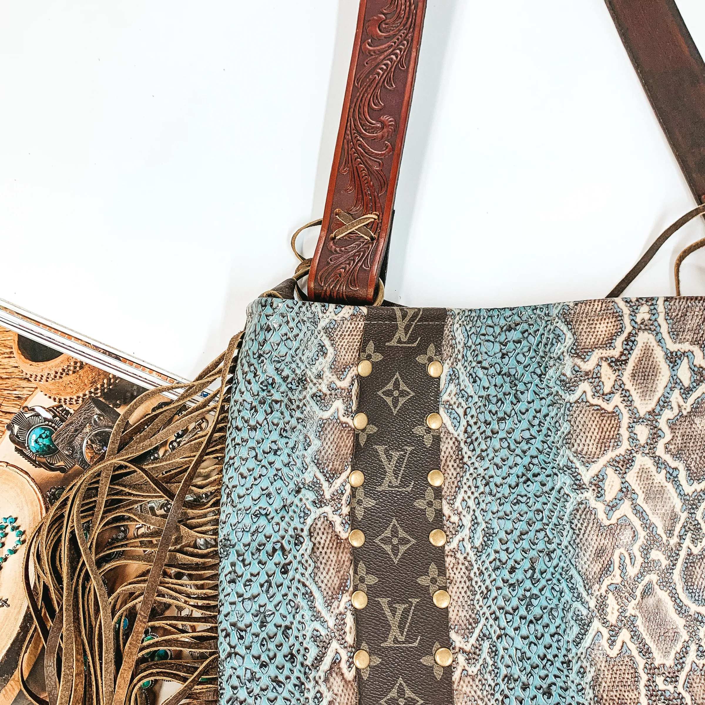 Keep It Gypsy | Hazel Bag in Turquoise Snake Print with Leather Fringe and Tooled Purse Strap