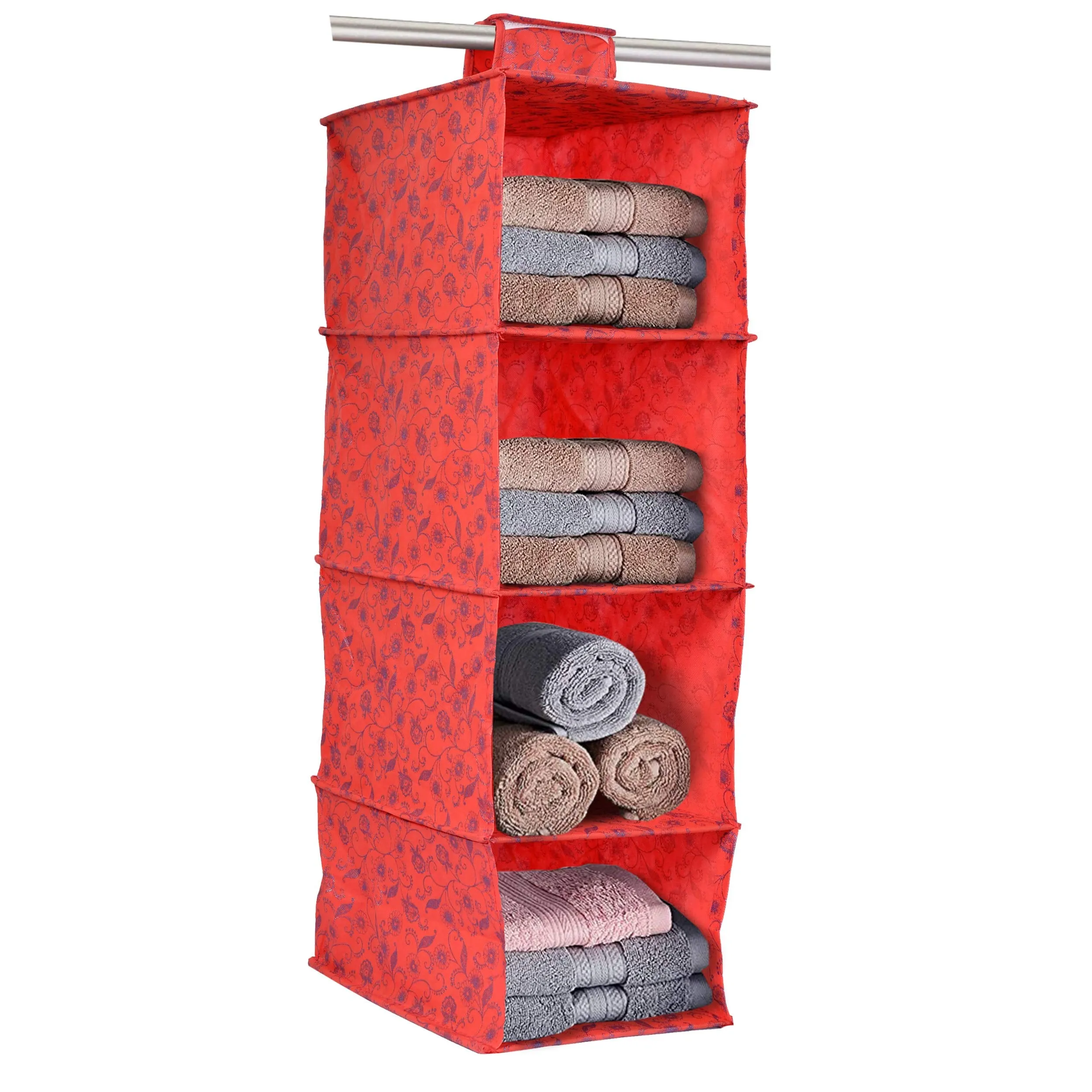 Kuber Industries Metalic Floral Print Non Woven Hanging 4 Shelves Foldable Wardrobe/Closet Cloth Organizer (Red)-KUBMART1165