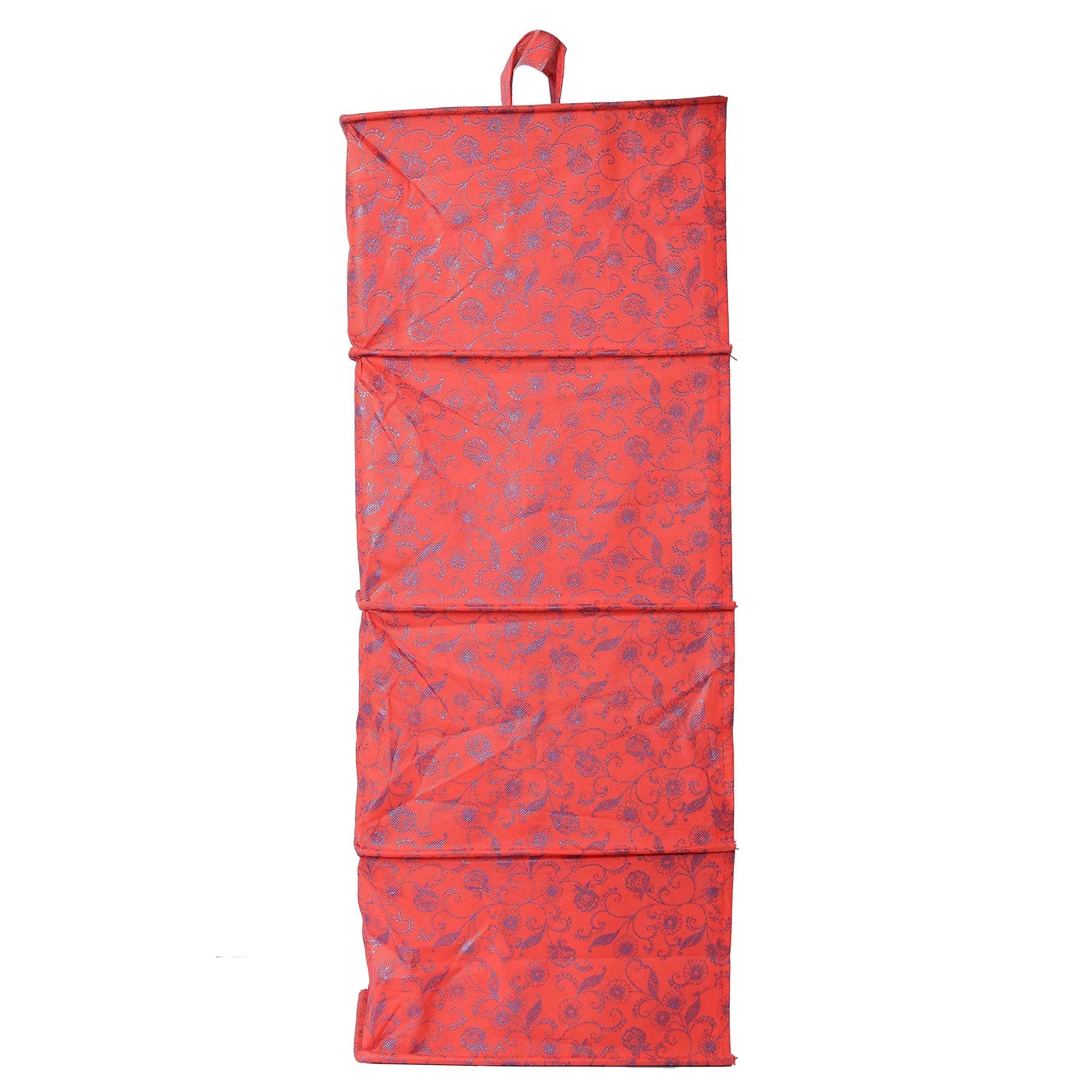 Kuber Industries Metalic Floral Print Non Woven Hanging 4 Shelves Foldable Wardrobe/Closet Cloth Organizer (Red)-KUBMART1165