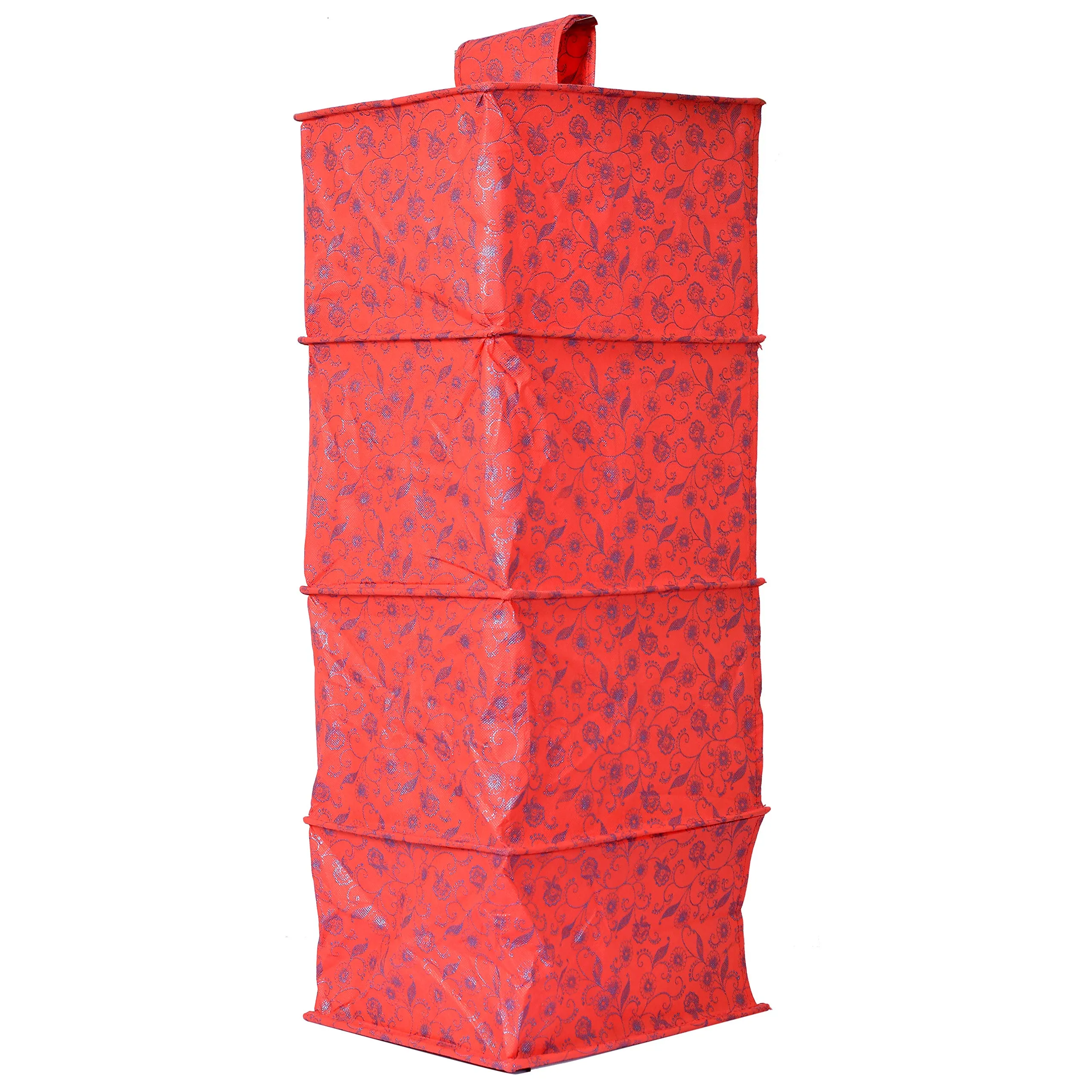 Kuber Industries Metalic Floral Print Non Woven Hanging 4 Shelves Foldable Wardrobe/Closet Cloth Organizer (Red)-KUBMART1165