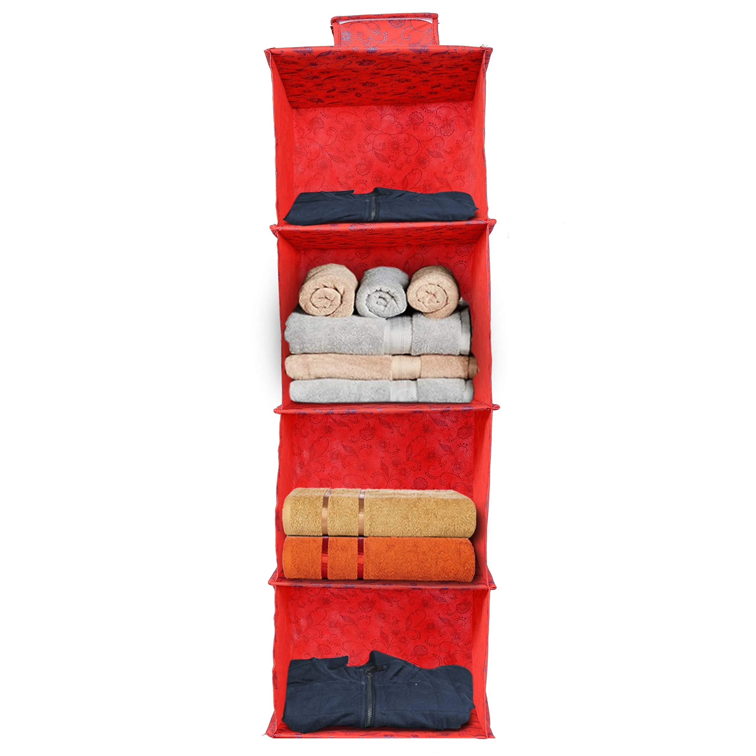 Kuber Industries Metalic Floral Print Non Woven Hanging 4 Shelves Foldable Wardrobe/Closet Cloth Organizer (Red)-KUBMART1165