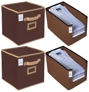 Kuber Industries Non Woven 2 Piece Shirt Stacker Wardrobe Organizer and 2 Piece Small Foldable Storage Organiser Cubes/Boxes (Coffee) - CTKTC038325