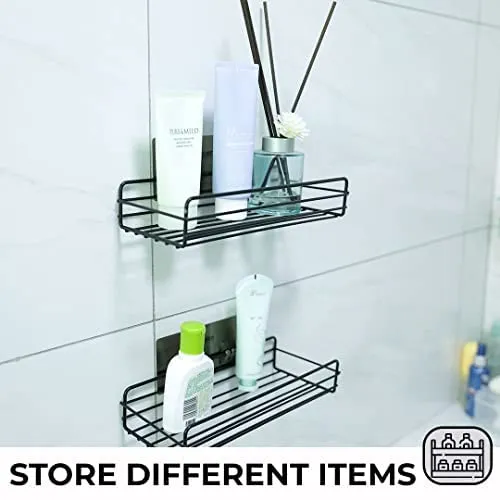 Kuber Industries Stainless Steel Bathroom & Kitchen Organizer Rack|Multipurpose Wall Shelves Non-Toxic|Storage Racks & Shelves for Bathroom & Kitchen|HR-14|Set of 2|Black (Pack of 6)