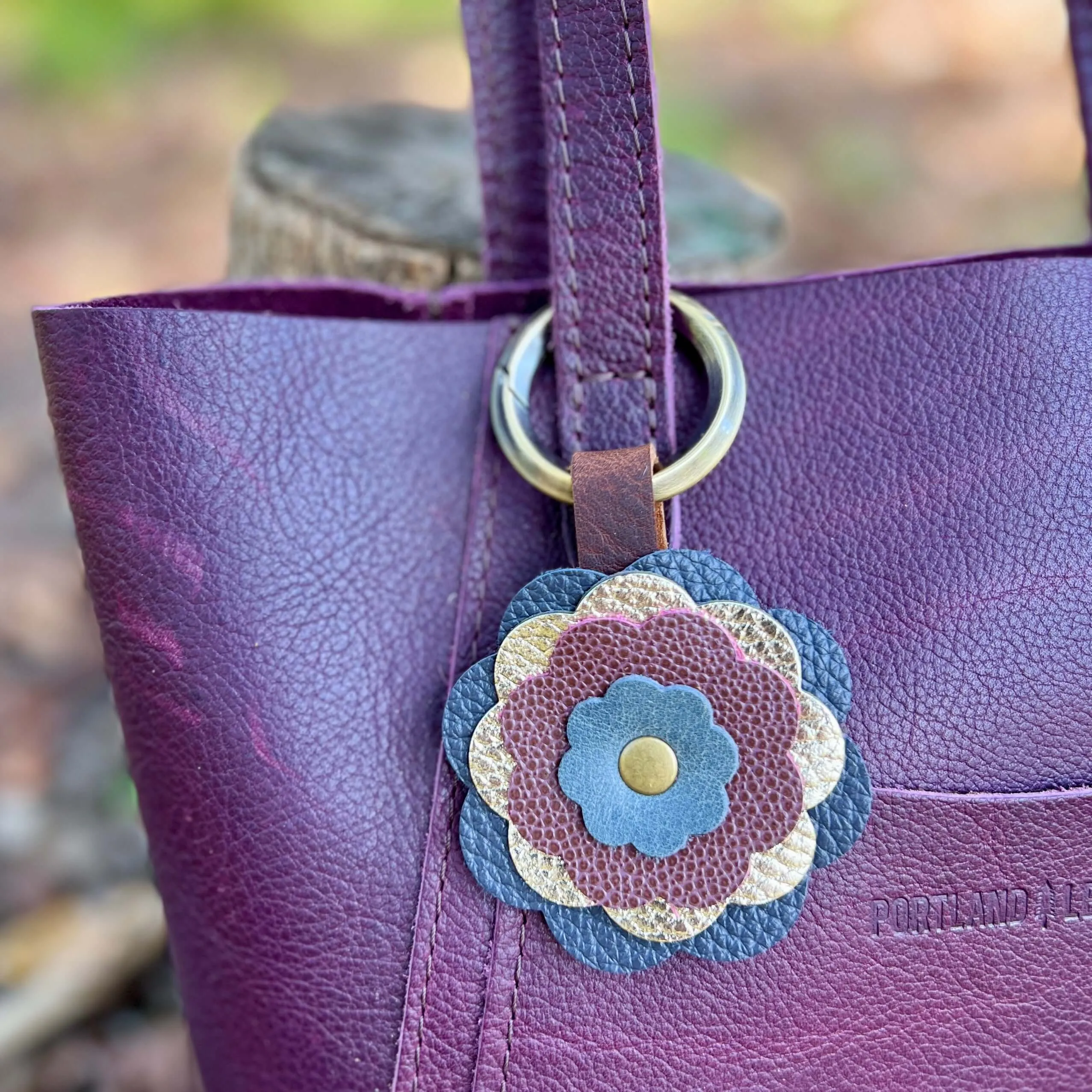 Leather Flower Bag Charm - Deep Blue, Gold, Plum Wine