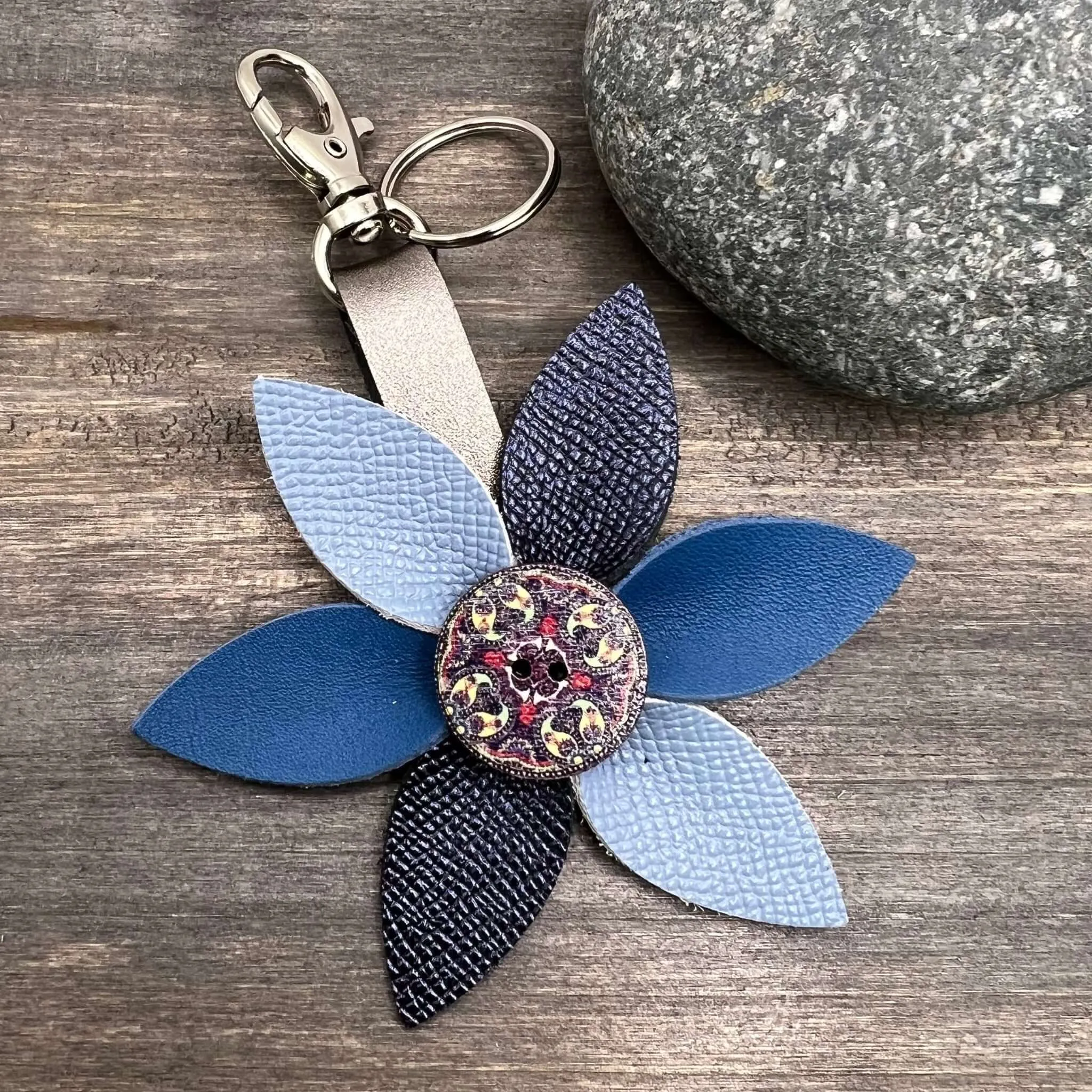 Leather Flower Bag Charm Keychain - Blue Multi