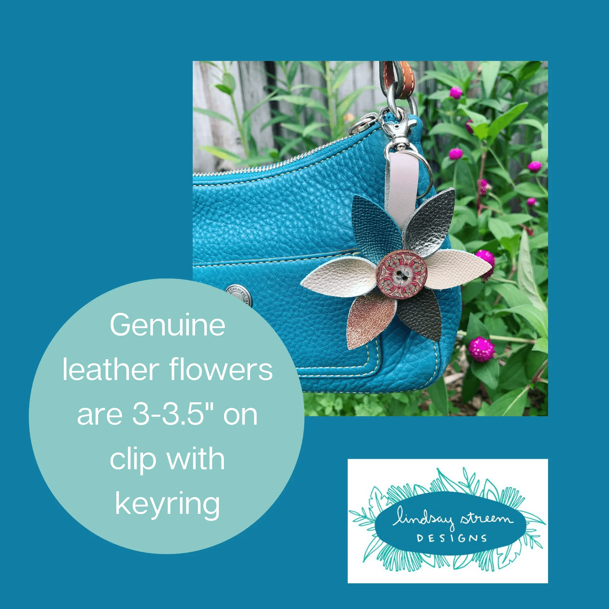 Leather Flower Bag Charm Keychain - Blue Multi