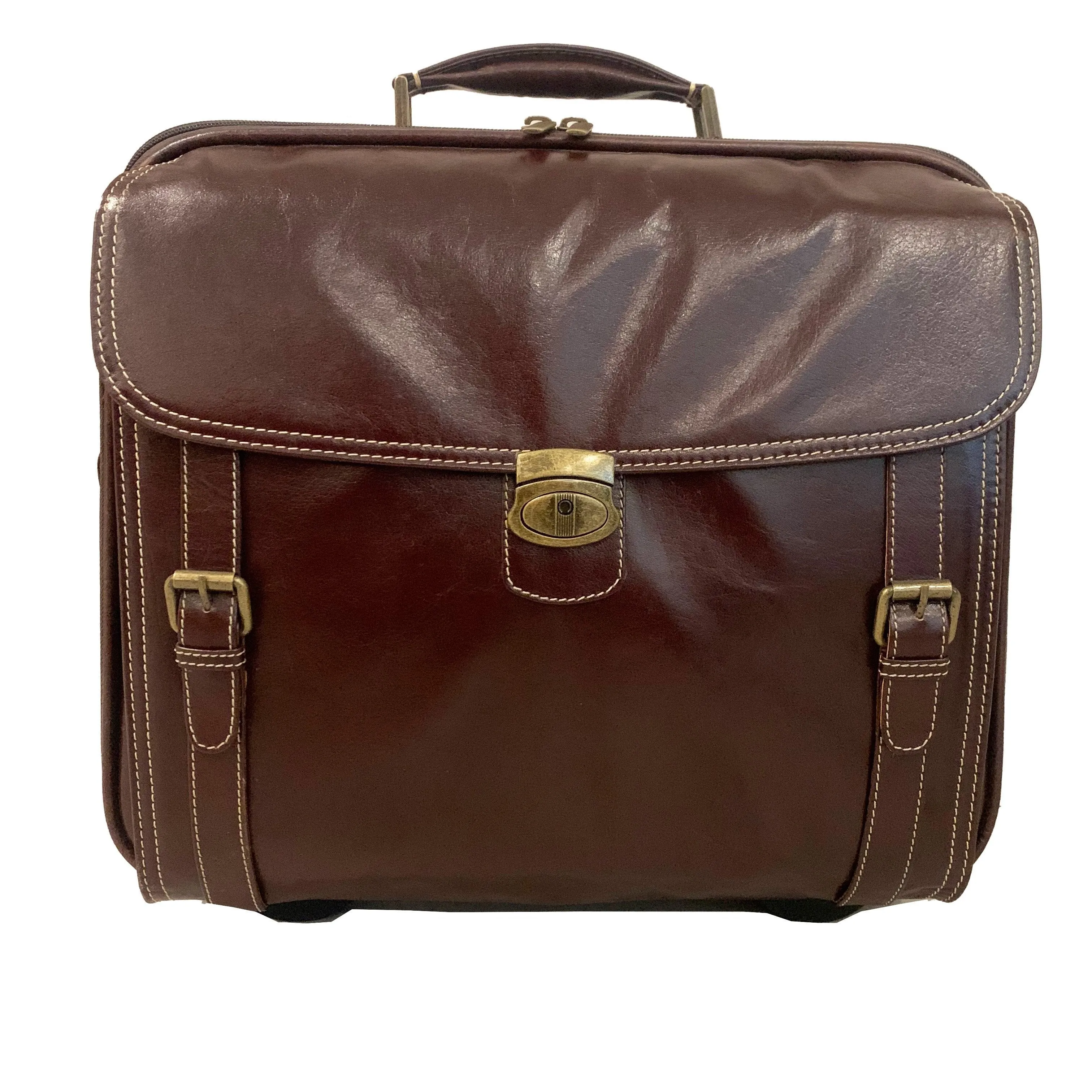 LEATHER TROLLEY CASE / WHEELED LAPTOP BUSINESS BAG IN BROWN