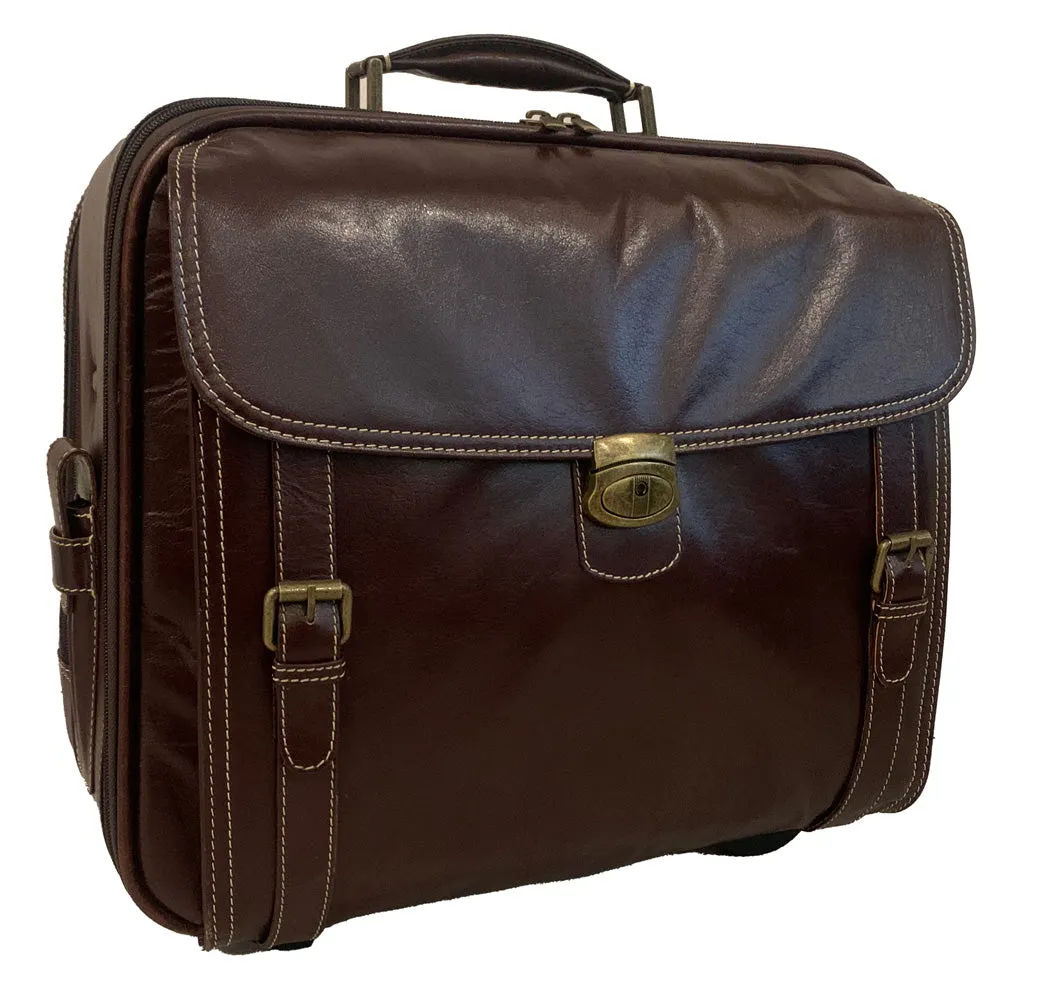 LEATHER TROLLEY CASE / WHEELED LAPTOP BUSINESS BAG IN BROWN