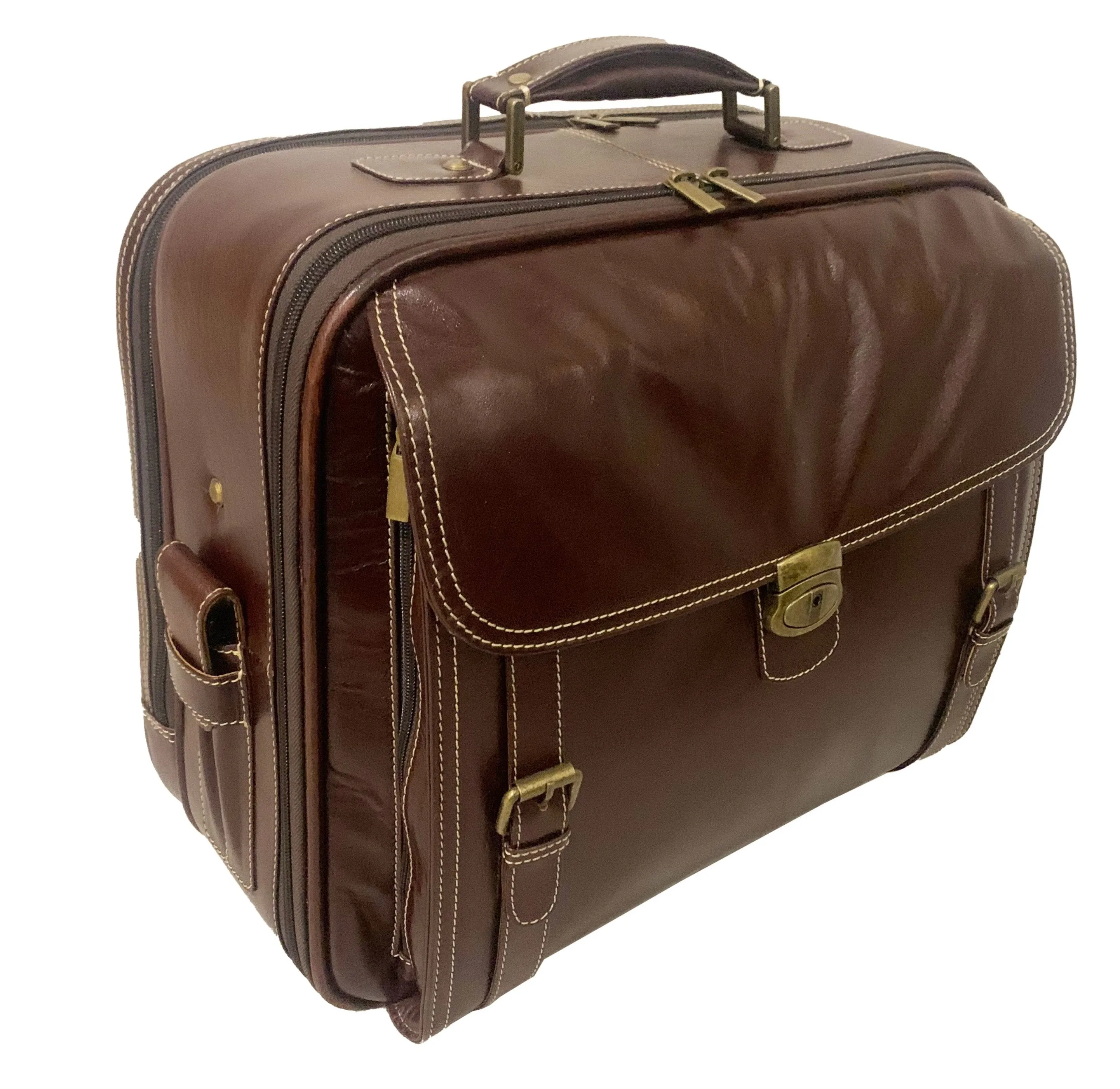 LEATHER TROLLEY CASE / WHEELED LAPTOP BUSINESS BAG IN BROWN