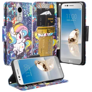 LG Aristo 2 Plus Case, Aristo 2, LG Tribute Dynasty, Rebel 3, Zone 4, Slim Flip Folio [Kickstand] Pu Leather Wallet Wristlet Cover Slots & Wrist Strap - Rainbow Unicorn