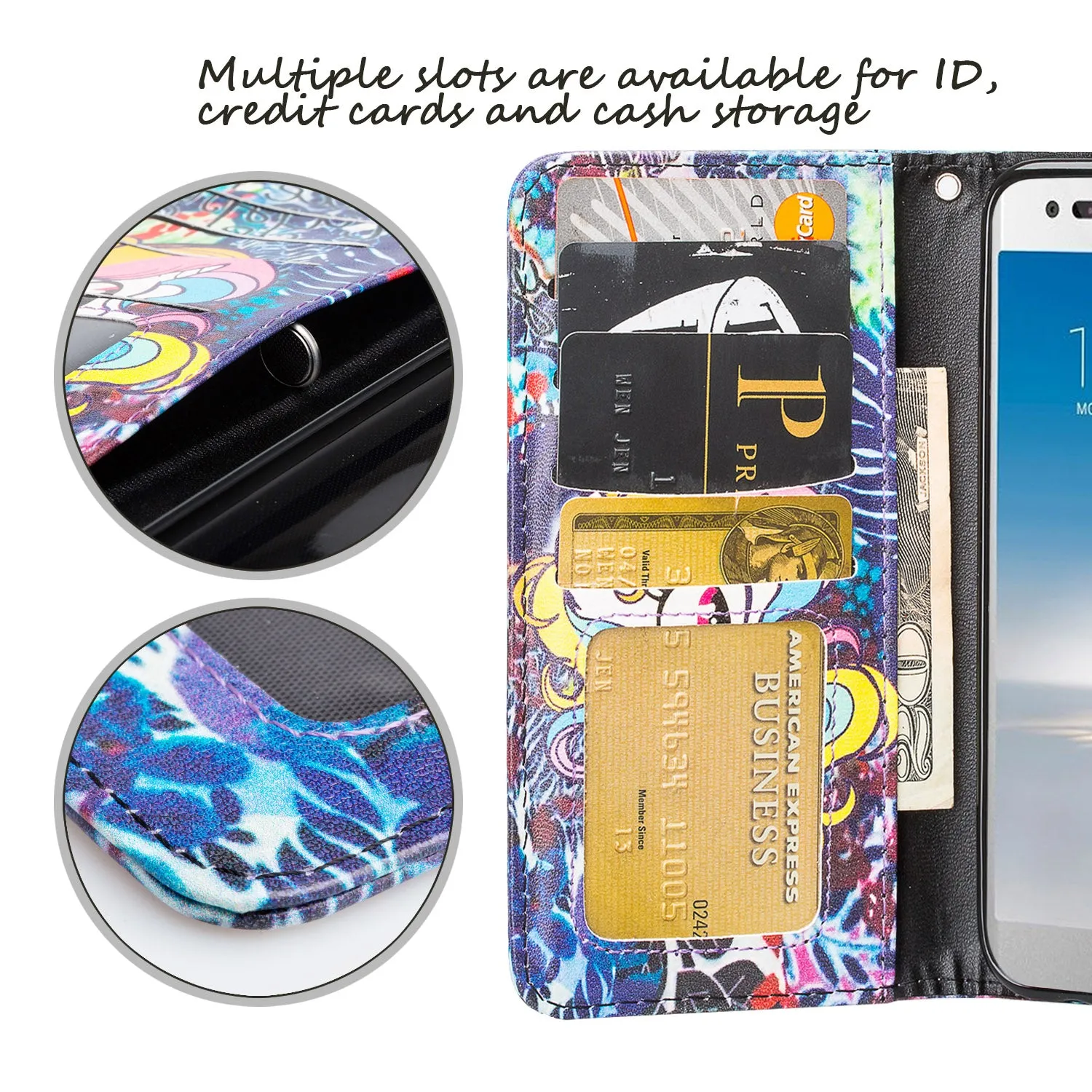 LG Aristo 2 Plus Case, Aristo 2, LG Tribute Dynasty, Rebel 3, Zone 4, Slim Flip Folio [Kickstand] Pu Leather Wallet Wristlet Cover Slots & Wrist Strap - Rainbow Unicorn