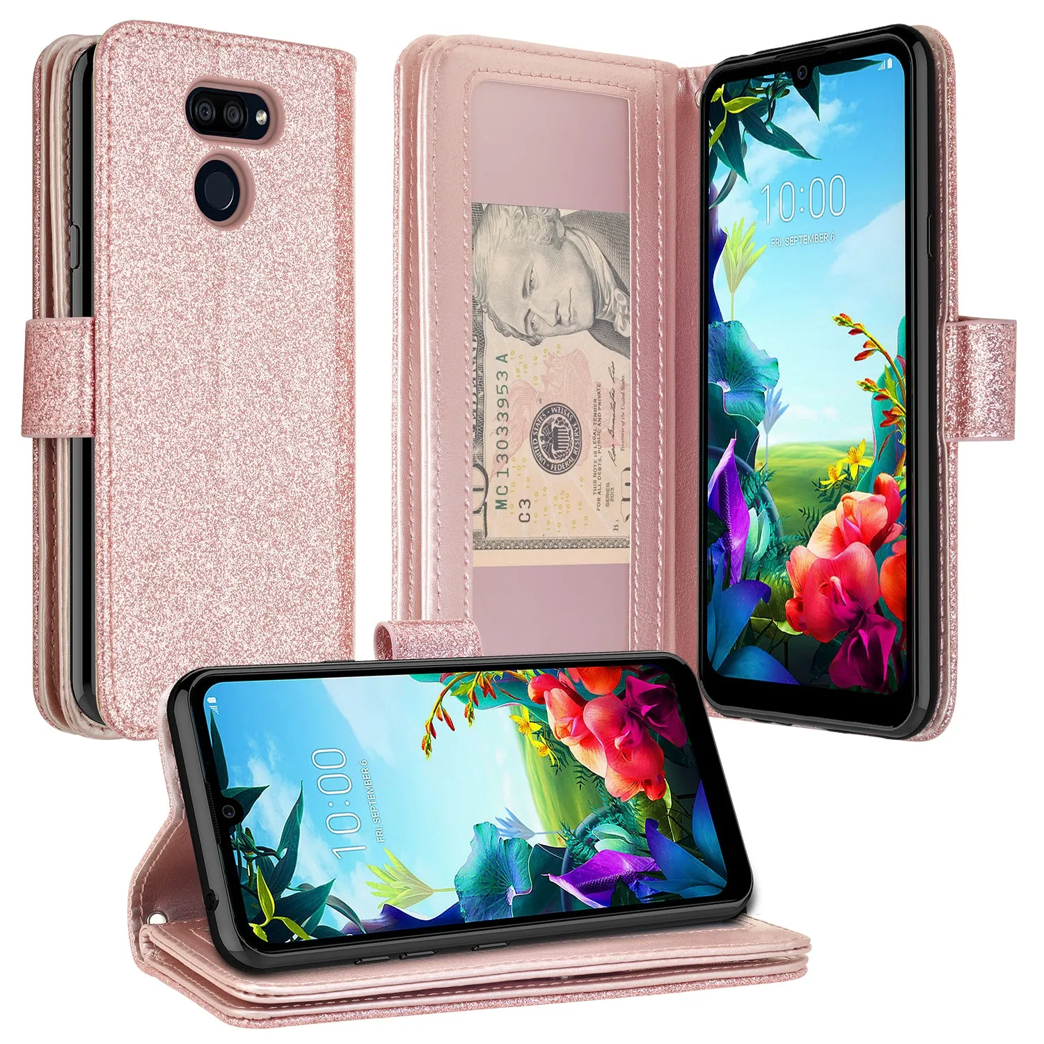 LG Stylo 6 Case, Stylo 6 Wallet Case, Glitter Faux Leather Flip Credit Card Holder Wrist Strap Shockproof Protective Wallet Case Clutch for Stylo 6 - Rose Gold