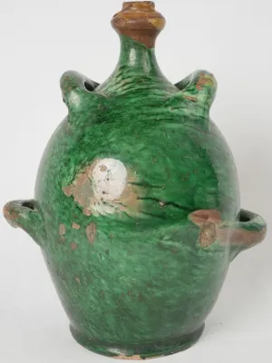 Magnificent 19th-Century Green Terracotta Conscience Jug w/ 4 Handles 14½"