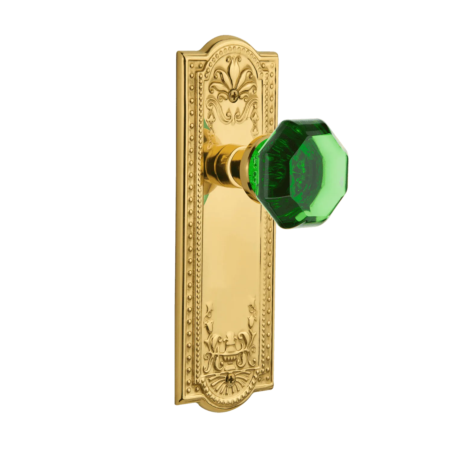 Meadows Long Plate with Emerald Waldorf Knob in Polished Brass