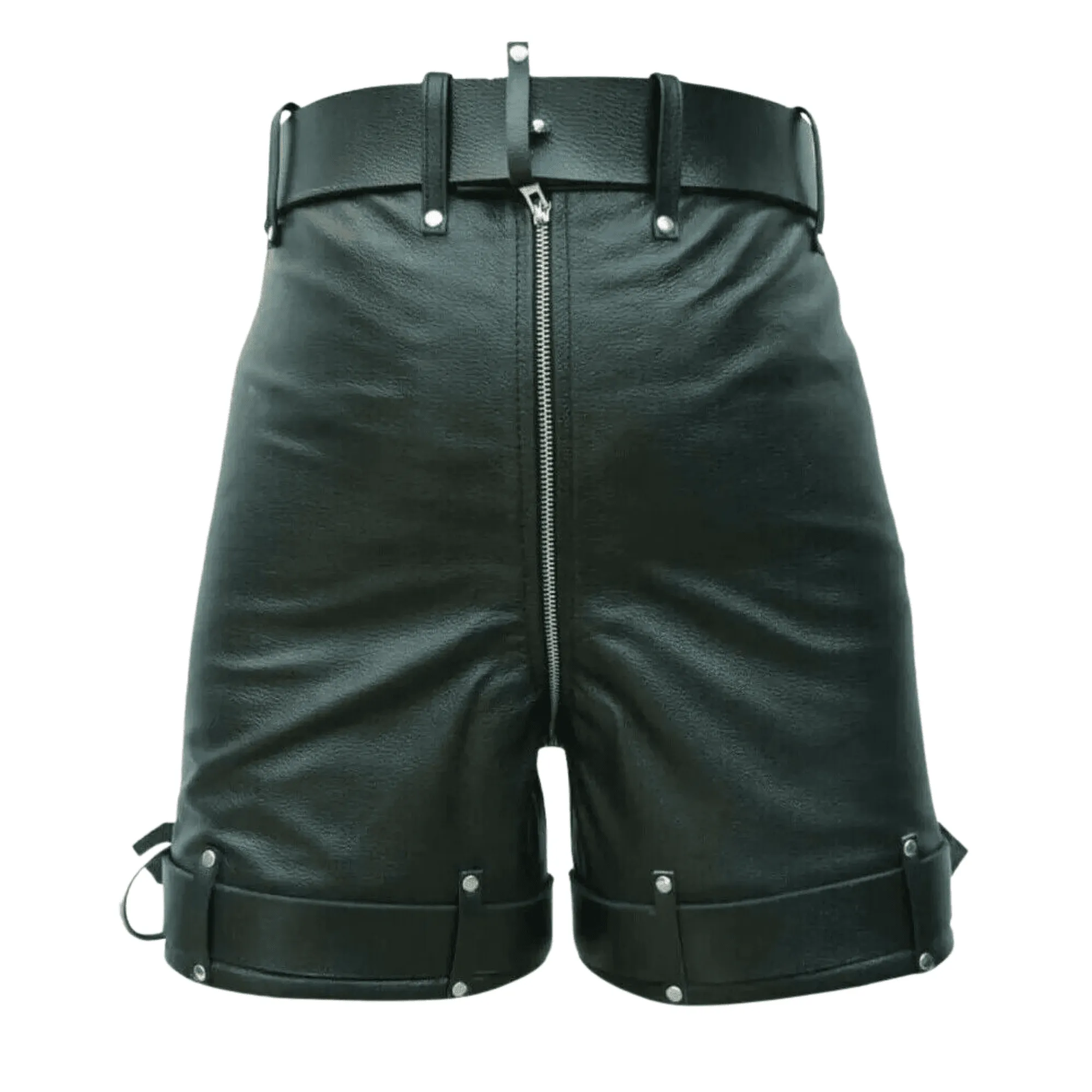 Mens Black Leather Chastity Bondage Shorts