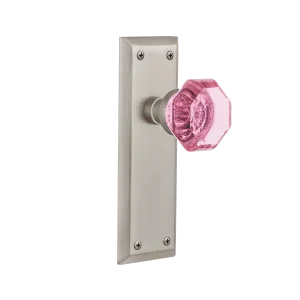 New York Long Plate with Pink Waldorf Knob in Satin Nickel