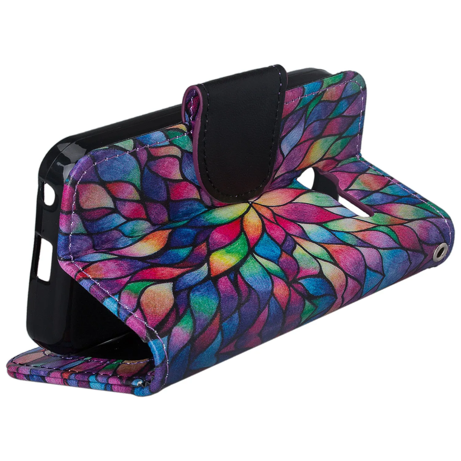 Onetouch Pixi Pulsar Case, Wrist Strap Flip Fold [Kickstand Feature] Pu Leather Wallet Case with ID & Credit Card Slots For Alcatel Onetouch Pixi Pulsar - Rainbow Flower