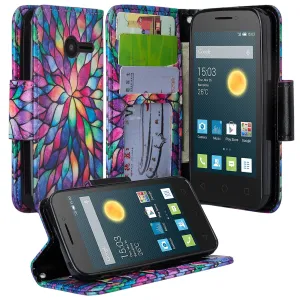 Onetouch Pixi Pulsar Case, Wrist Strap Flip Fold [Kickstand Feature] Pu Leather Wallet Case with ID & Credit Card Slots For Alcatel Onetouch Pixi Pulsar - Rainbow Flower