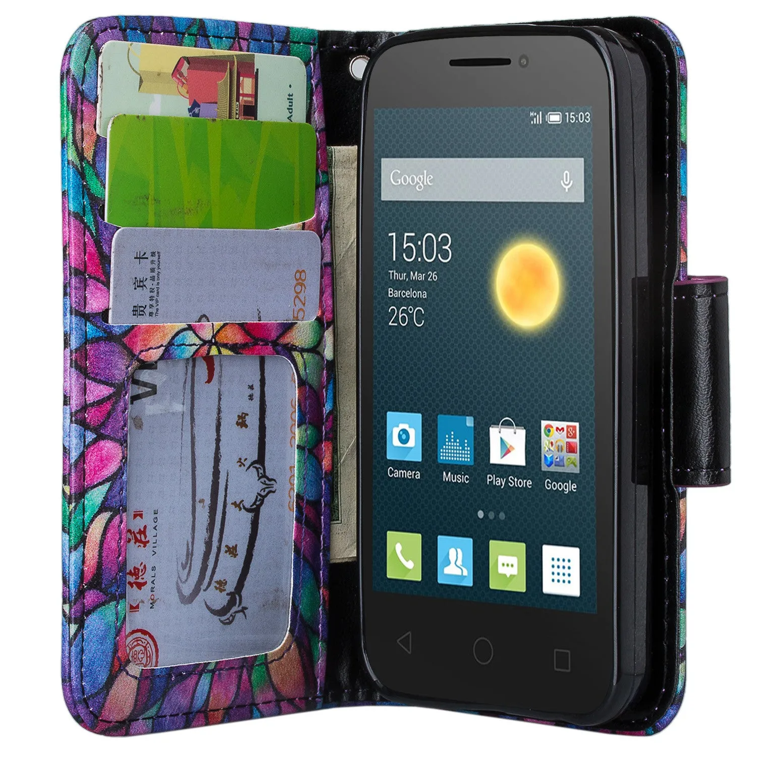 Onetouch Pixi Pulsar Case, Wrist Strap Flip Fold [Kickstand Feature] Pu Leather Wallet Case with ID & Credit Card Slots For Alcatel Onetouch Pixi Pulsar - Rainbow Flower