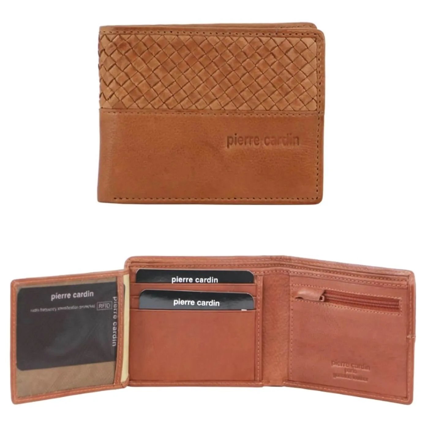 Pierre Cardin Woven Embossed Men's Tri-Fold Wallet - Dark Tan