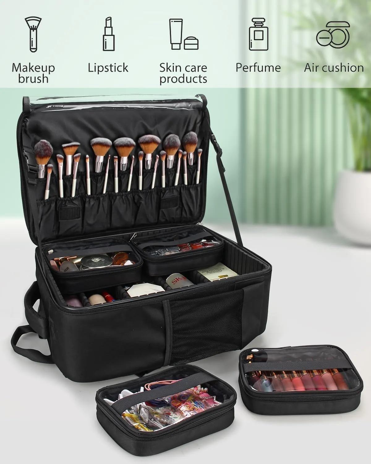 Professional Extra Large 3 Layer Makeup Backpack with 4 Small Cosmetic Bag and Removable Lipstick Board