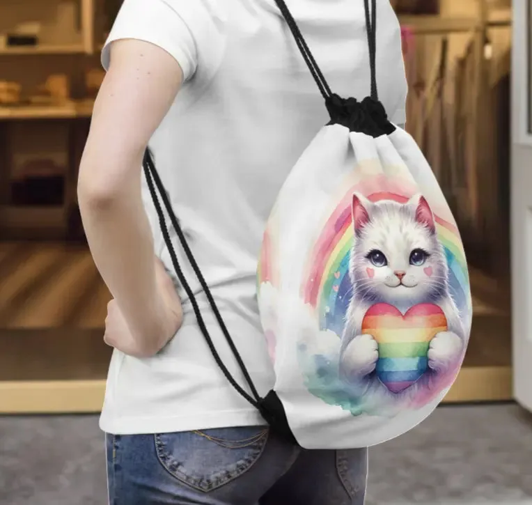 Rainbow Cat - Cat Lover - Drawstring Bag